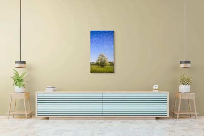Tablou Canvas, "Furtuna de stele deasupra copacului alb", Cer, Stele, Copac, Câmp, Flori, Noapte, Natură, Lumină, Frumusețe, Peisaj, 50 x 90 cm – poza 6