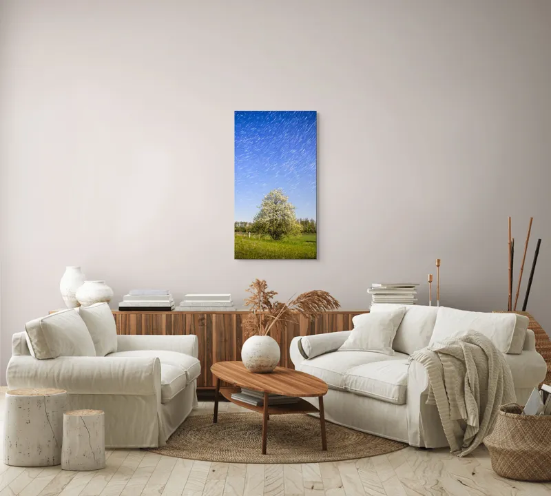 Tablou Canvas, "Furtuna de stele deasupra copacului alb", Cer, Stele, Copac, Câmp, Flori, Noapte, Natură, Lumină, Frumusețe, Peisaj, 50 x 90 cm – poza 7