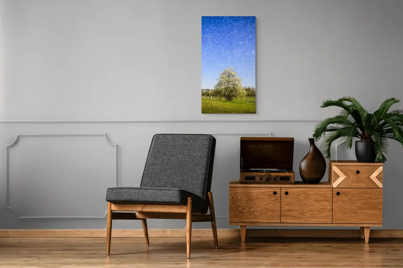 Tablou Canvas, "Furtuna de stele deasupra copacului alb", Cer, Stele, Copac, Câmp, Flori, Noapte, Natură, Lumină, Frumusețe, Peisaj, 50 x 90 cm – poza 8