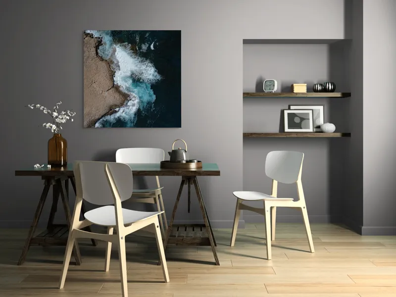 Tablou Canvas, "Valuri spumoase lovind stâncile aspre", Ocean, Valuri, Stânci, Spumă, Apă, Albastru, Coastă, Natură, 100 x 100 cm – poza 6
