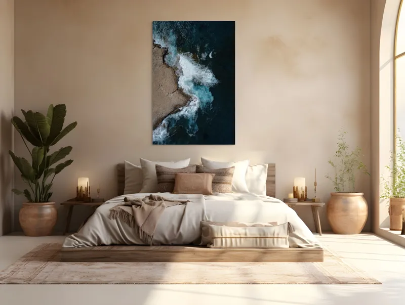Tablou Canvas, "Valuri spumoase lovind stâncile aspre", Ocean, Valuri, Stânci, Spumă, Apă, Albastru, Coastă, Natură, 100 x 150 cm – poza 3