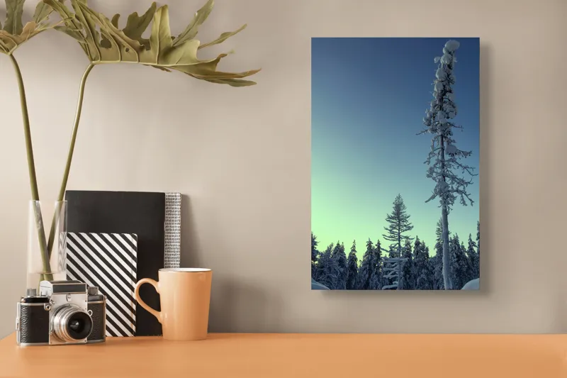 Tablou Canvas, "Tăcerea iernii în pădurea scandinavă", Frig, Zăpadă, Brazi, Iarnă, Cer, Liniște, Îngheț, Amurg, Natură, 26 x 39 cm – poza 3