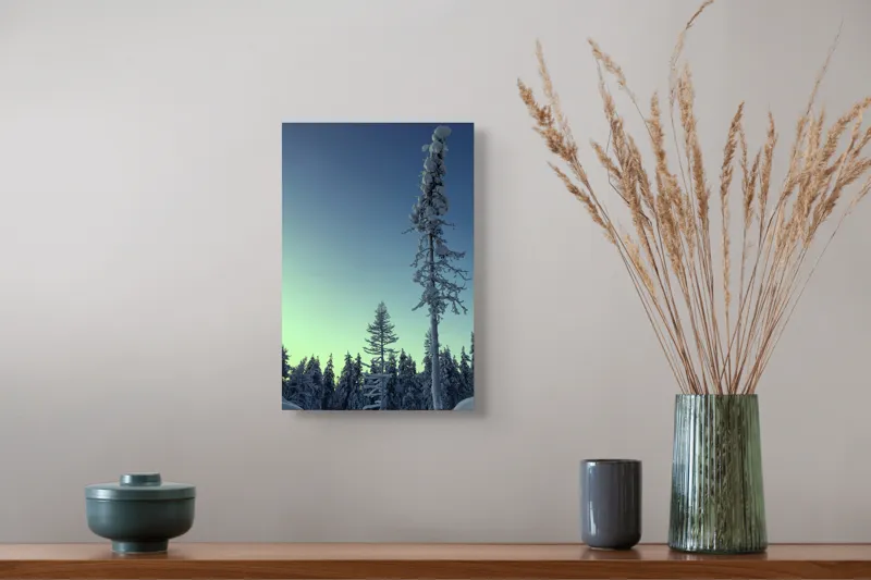 Tablou Canvas, "Tăcerea iernii în pădurea scandinavă", Frig, Zăpadă, Brazi, Iarnă, Cer, Liniște, Îngheț, Amurg, Natură, 26 x 39 cm – poza 5
