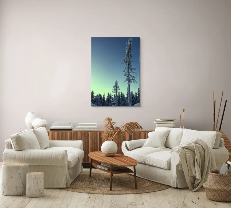 Tablou Canvas, "Tăcerea iernii în pădurea scandinavă", Frig, Zăpadă, Brazi, Iarnă, Cer, Liniște, Îngheț, Amurg, Natură, 70 x 100 cm – poza 4
