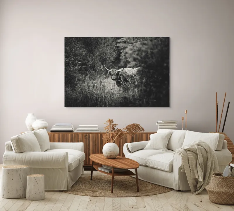 Tablou Canvas, "Bivol într-o pădure misterioasă", Cow, Forest, Bushes, Monochrome, Nature, Wilderness, Horns, Grazing, Dense, Foliage, 150 x 100 cm – poza 3