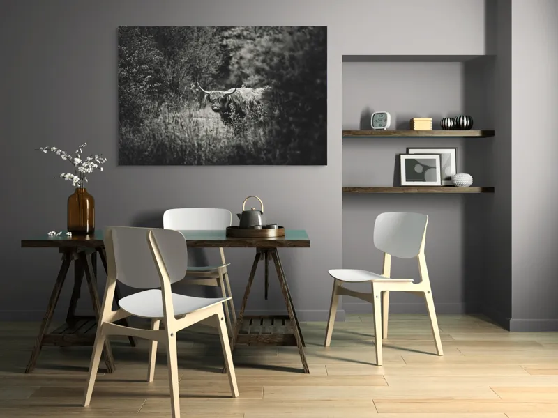 Tablou Canvas, "Bivol într-o pădure misterioasă", Cow, Forest, Bushes, Monochrome, Nature, Wilderness, Horns, Grazing, Dense, Foliage, 150 x 100 cm – poza 5