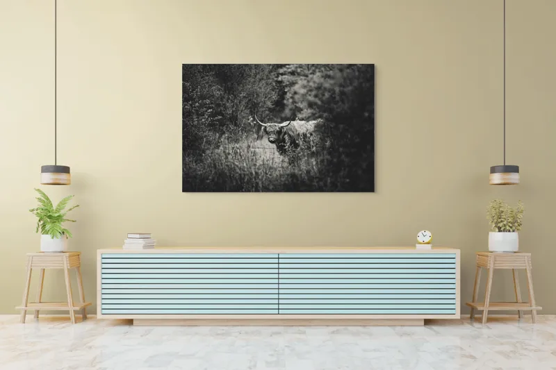 Tablou Canvas, "Bivol într-o pădure misterioasă", Cow, Forest, Bushes, Monochrome, Nature, Wilderness, Horns, Grazing, Dense, Foliage, 150 x 100 cm – poza 6