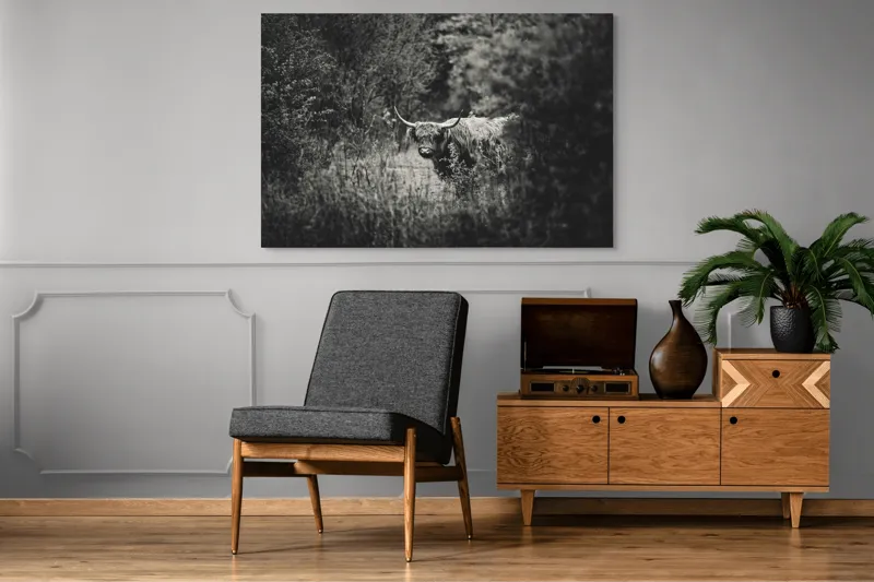Tablou Canvas, "Bivol într-o pădure misterioasă", Cow, Forest, Bushes, Monochrome, Nature, Wilderness, Horns, Grazing, Dense, Foliage, 150 x 100 cm – poza 8