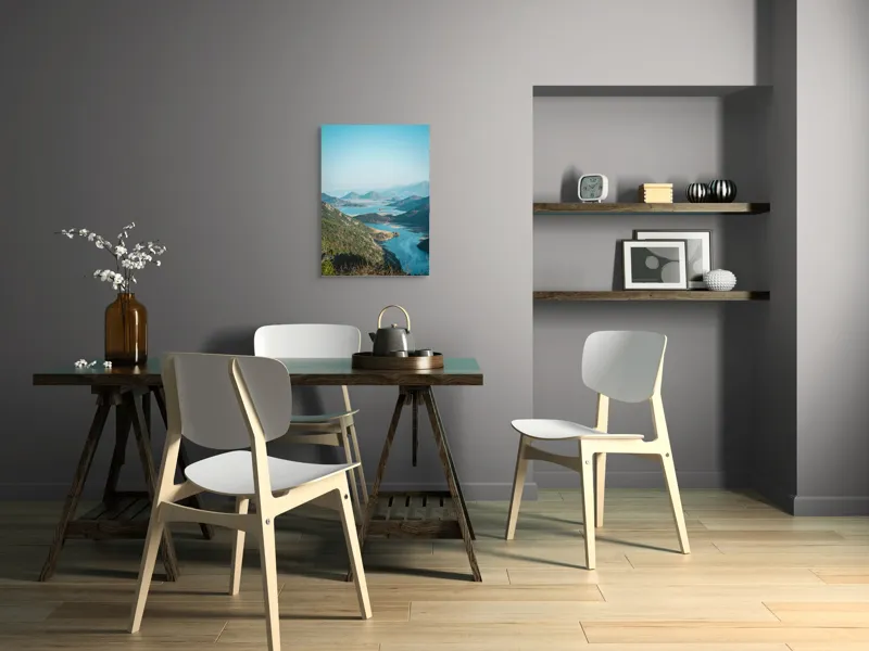 Tablou Canvas, "Peisaj montan cu lac și râu strălucitor", Frumusețe, Natură, Lacuri, Munți, Verdeață, Peisaj, Răsărit, Serenitate., 50 x 70 cm – poza 5