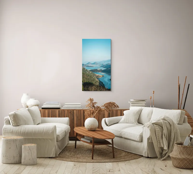 Tablou Canvas, "Peisaj montan cu lac și râu strălucitor", Frumusețe, Natură, Lacuri, Munți, Verdeață, Peisaj, Răsărit, Serenitate., 50 x 90 cm – poza 7