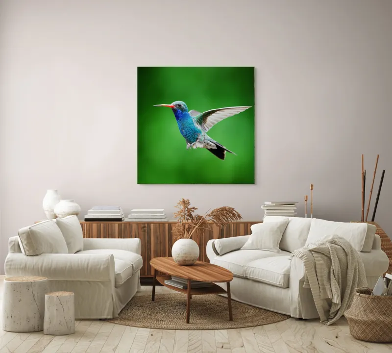 Tablou Canvas, "Colibriul grațios în zbor verde", Plutire, Vioiciune, Culori, Delicat, Energie, Fragilitate, Libertate, Aripi, Pasăre, Natură, 100 x 100 cm – poza 3