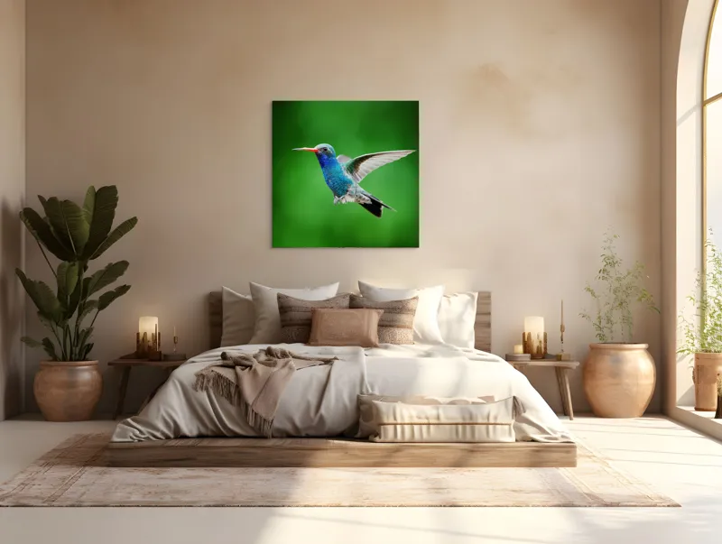 Tablou Canvas, "Colibriul grațios în zbor verde", Plutire, Vioiciune, Culori, Delicat, Energie, Fragilitate, Libertate, Aripi, Pasăre, Natură, 100 x 100 cm – poza 4