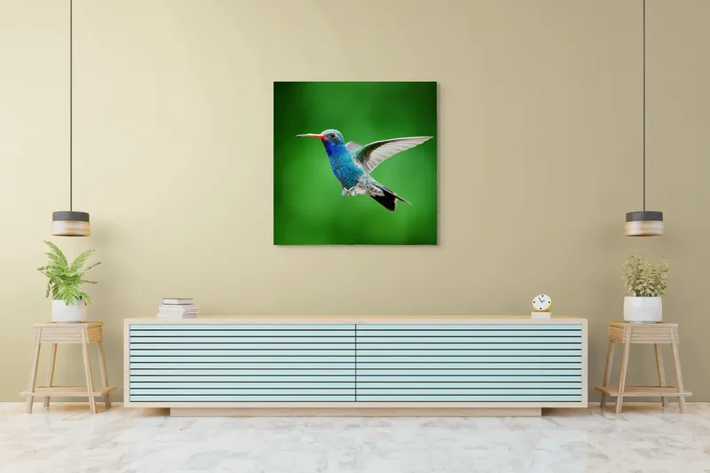 Tablou Canvas, "Colibriul grațios în zbor verde", Plutire, Vioiciune, Culori, Delicat, Energie, Fragilitate, Libertate, Aripi, Pasăre, Natură, 100 x 100 cm – poza 5