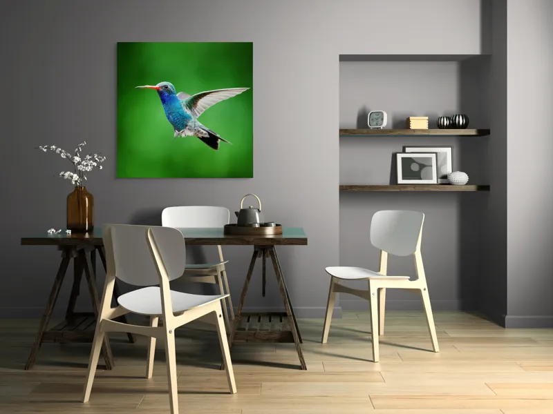 Tablou Canvas, "Colibriul grațios în zbor verde", Plutire, Vioiciune, Culori, Delicat, Energie, Fragilitate, Libertate, Aripi, Pasăre, Natură, 100 x 100 cm – poza 6