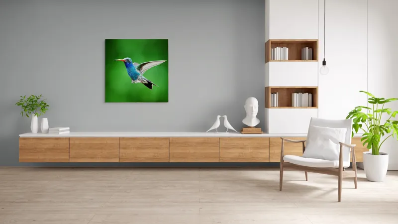 Tablou Canvas, "Colibriul grațios în zbor verde", Plutire, Vioiciune, Culori, Delicat, Energie, Fragilitate, Libertate, Aripi, Pasăre, Natură, 100 x 100 cm – poza 8