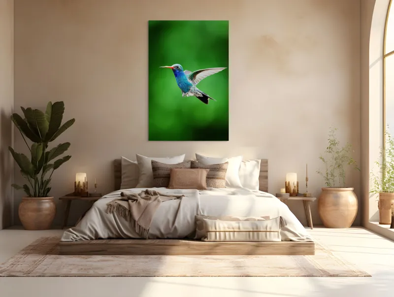 Tablou Canvas, "Colibriul grațios în zbor verde", Plutire, Vioiciune, Culori, Delicat, Energie, Fragilitate, Libertate, Aripi, Pasăre, Natură, 100 x 150 cm – poza 3