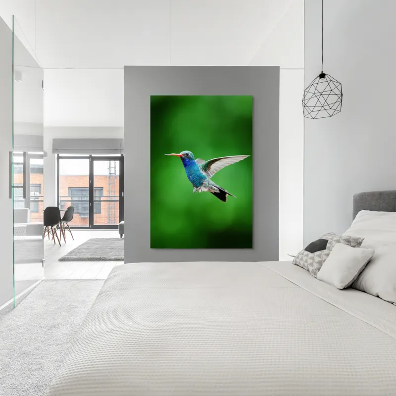 Tablou Canvas, "Colibriul grațios în zbor verde", Plutire, Vioiciune, Culori, Delicat, Energie, Fragilitate, Libertate, Aripi, Pasăre, Natură, 100 x 150 cm – poza 5