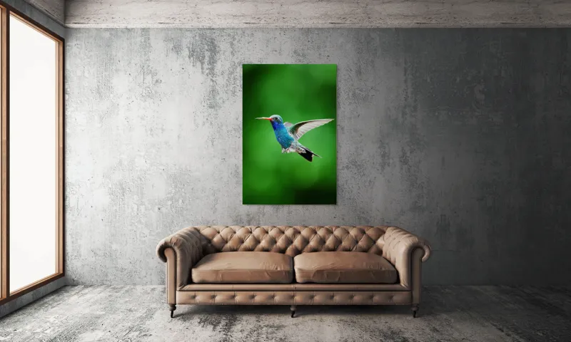 Tablou Canvas, "Colibriul grațios în zbor verde", Plutire, Vioiciune, Culori, Delicat, Energie, Fragilitate, Libertate, Aripi, Pasăre, Natură, 100 x 150 cm – poza 6