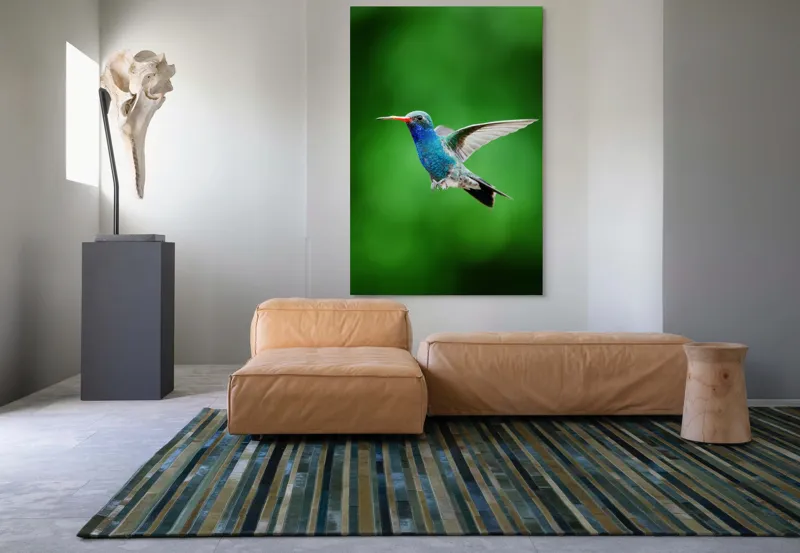 Tablou Canvas, "Colibriul grațios în zbor verde", Plutire, Vioiciune, Culori, Delicat, Energie, Fragilitate, Libertate, Aripi, Pasăre, Natură, 100 x 150 cm – poza 7