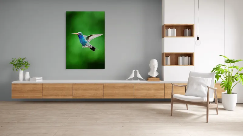 Tablou Canvas, "Colibriul grațios în zbor verde", Plutire, Vioiciune, Culori, Delicat, Energie, Fragilitate, Libertate, Aripi, Pasăre, Natură, 100 x 150 cm – poza 8