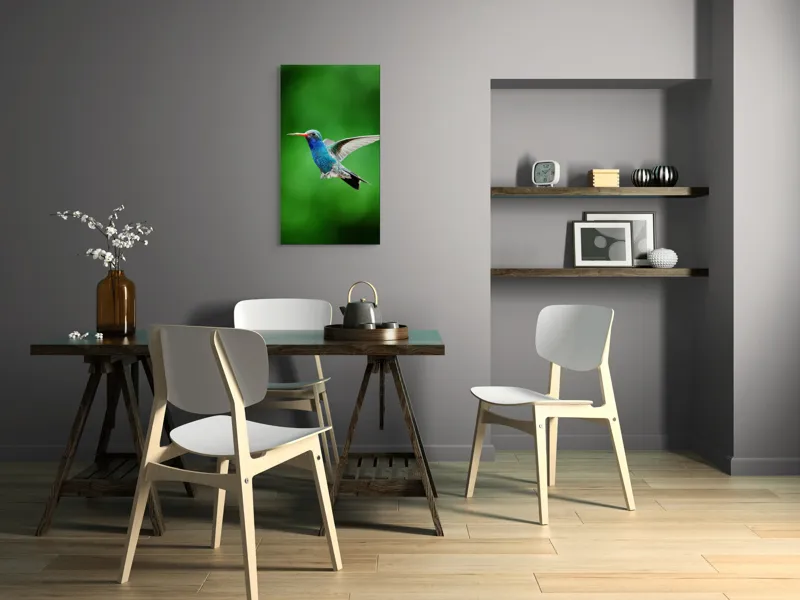 Tablou Canvas, "Colibriul grațios în zbor verde", Plutire, Vioiciune, Culori, Delicat, Energie, Fragilitate, Libertate, Aripi, Pasăre, Natură, 50 x 90 cm – poza 4