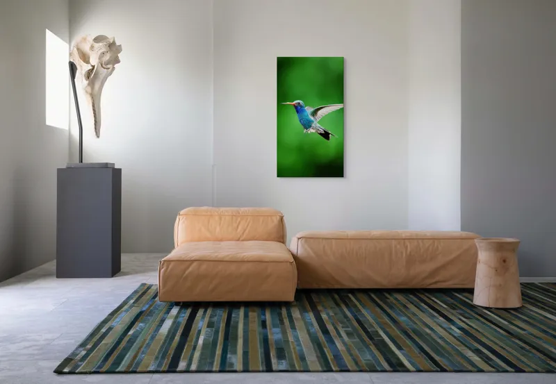 Tablou Canvas, "Colibriul grațios în zbor verde", Plutire, Vioiciune, Culori, Delicat, Energie, Fragilitate, Libertate, Aripi, Pasăre, Natură, 50 x 90 cm – poza 5