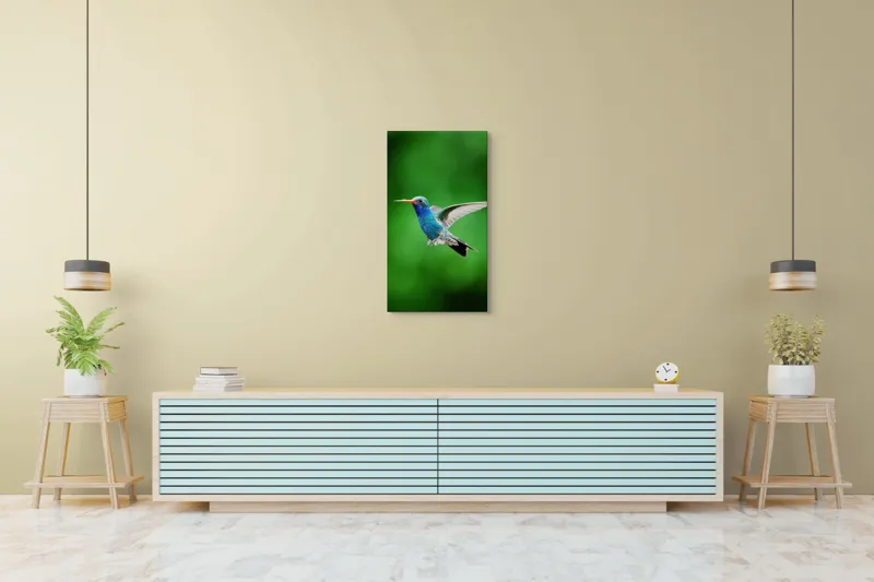 Tablou Canvas, "Colibriul grațios în zbor verde", Plutire, Vioiciune, Culori, Delicat, Energie, Fragilitate, Libertate, Aripi, Pasăre, Natură, 50 x 90 cm – poza 6