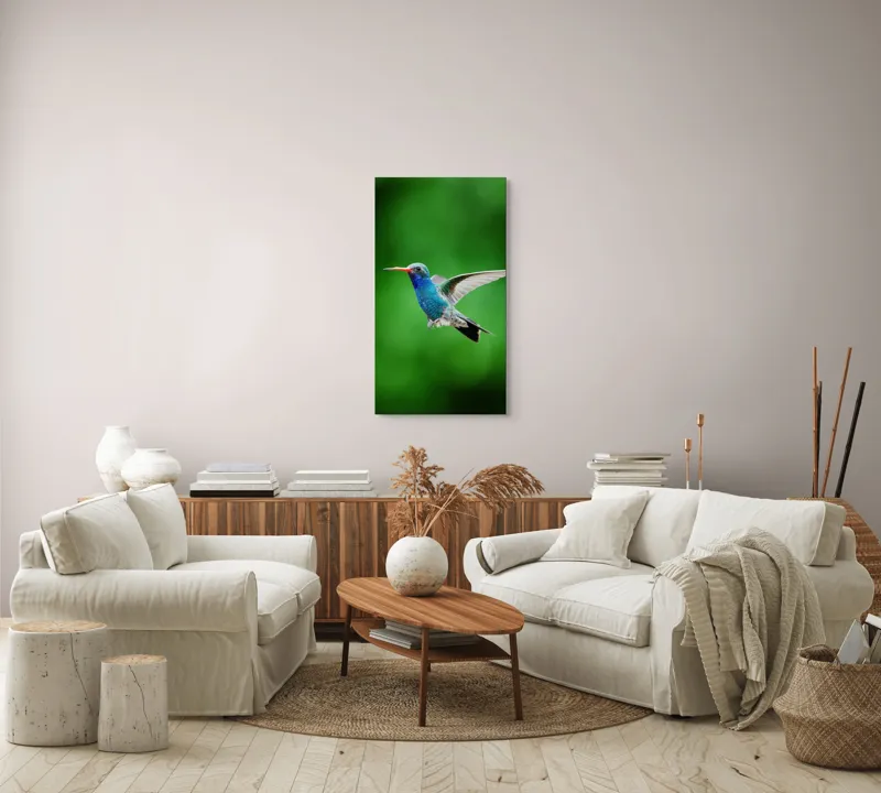 Tablou Canvas, "Colibriul grațios în zbor verde", Plutire, Vioiciune, Culori, Delicat, Energie, Fragilitate, Libertate, Aripi, Pasăre, Natură, 50 x 90 cm – poza 7