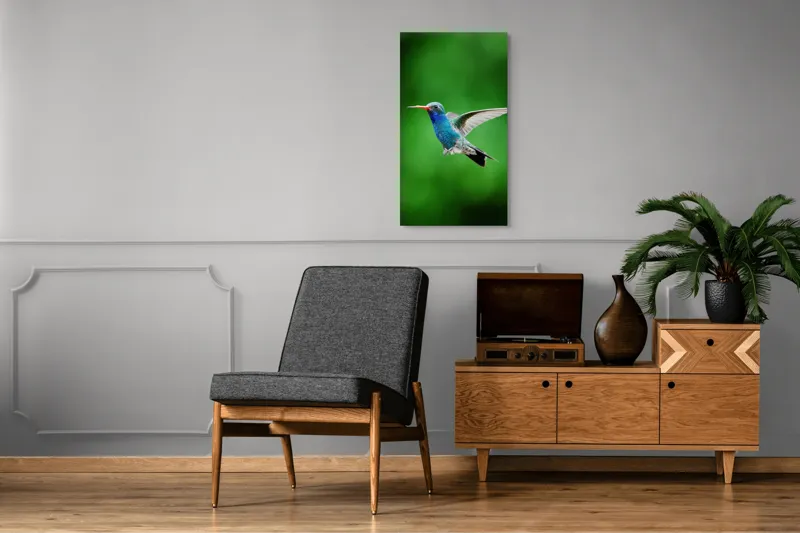 Tablou Canvas, "Colibriul grațios în zbor verde", Plutire, Vioiciune, Culori, Delicat, Energie, Fragilitate, Libertate, Aripi, Pasăre, Natură, 50 x 90 cm – poza 8