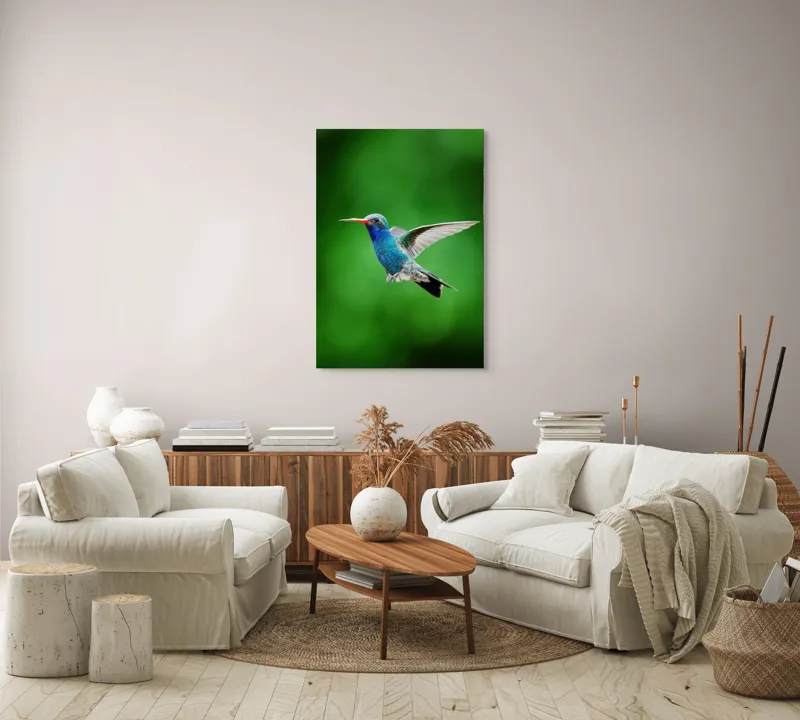 Tablou Canvas, "Colibriul grațios în zbor verde", Plutire, Vioiciune, Culori, Delicat, Energie, Fragilitate, Libertate, Aripi, Pasăre, Natură, 70 x 100 cm – poza 4