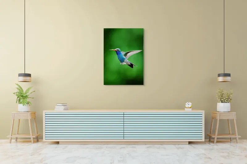 Tablou Canvas, "Colibriul grațios în zbor verde", Plutire, Vioiciune, Culori, Delicat, Energie, Fragilitate, Libertate, Aripi, Pasăre, Natură, 70 x 100 cm – poza 5