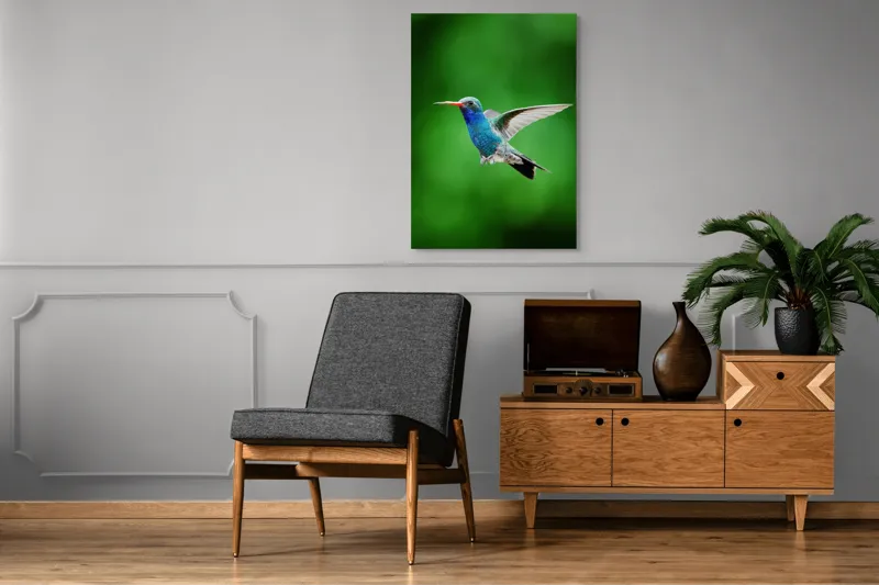 Tablou Canvas, "Colibriul grațios în zbor verde", Plutire, Vioiciune, Culori, Delicat, Energie, Fragilitate, Libertate, Aripi, Pasăre, Natură, 70 x 100 cm – poza 6