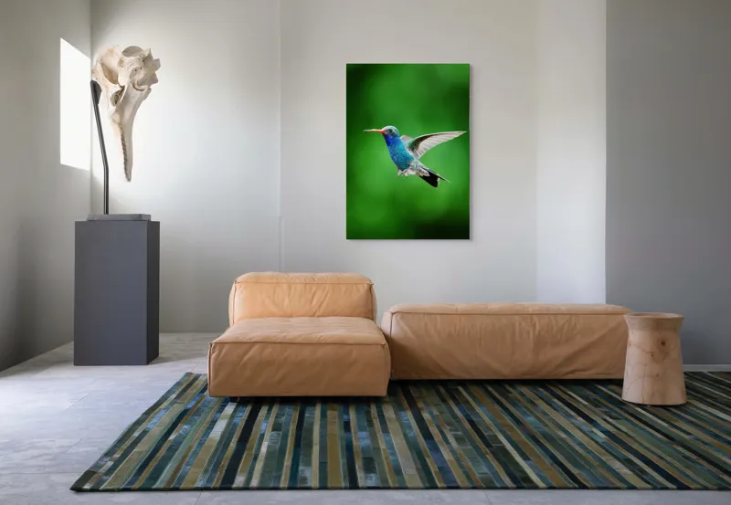 Tablou Canvas, "Colibriul grațios în zbor verde", Plutire, Vioiciune, Culori, Delicat, Energie, Fragilitate, Libertate, Aripi, Pasăre, Natură, 70 x 100 cm – poza 7