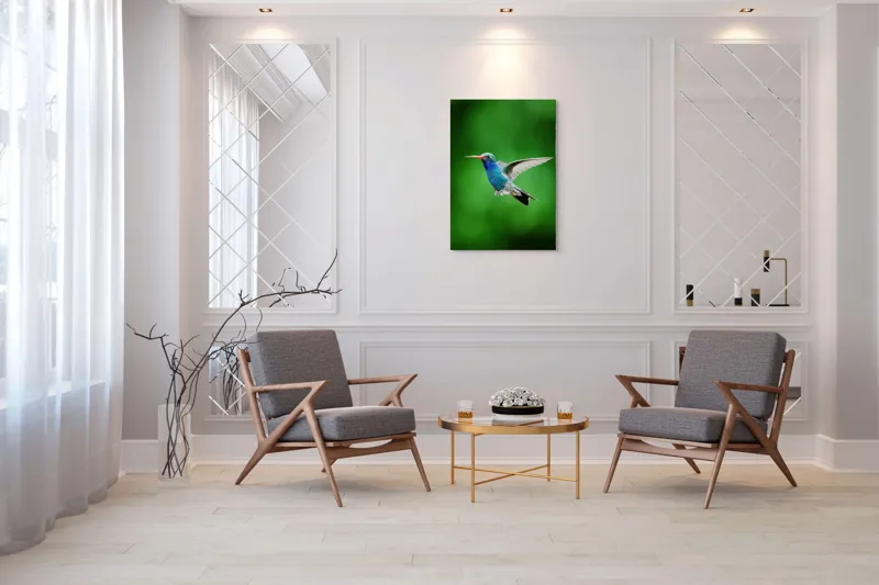 Tablou Canvas, "Colibriul grațios în zbor verde", Plutire, Vioiciune, Culori, Delicat, Energie, Fragilitate, Libertate, Aripi, Pasăre, Natură, 70 x 100 cm – poza 8