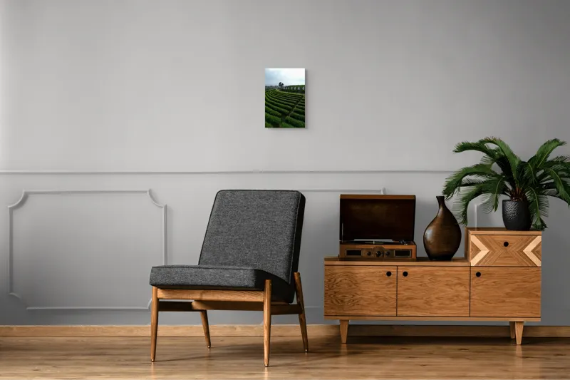 Tablou Canvas, "Câmpuri ondulate de ceai verde", Dealuri, Plantatii, Verde, Peisaj, Cultură, Cer, Întins, Orizont, Linie, Natural, 26 x 39 cm – poza 8