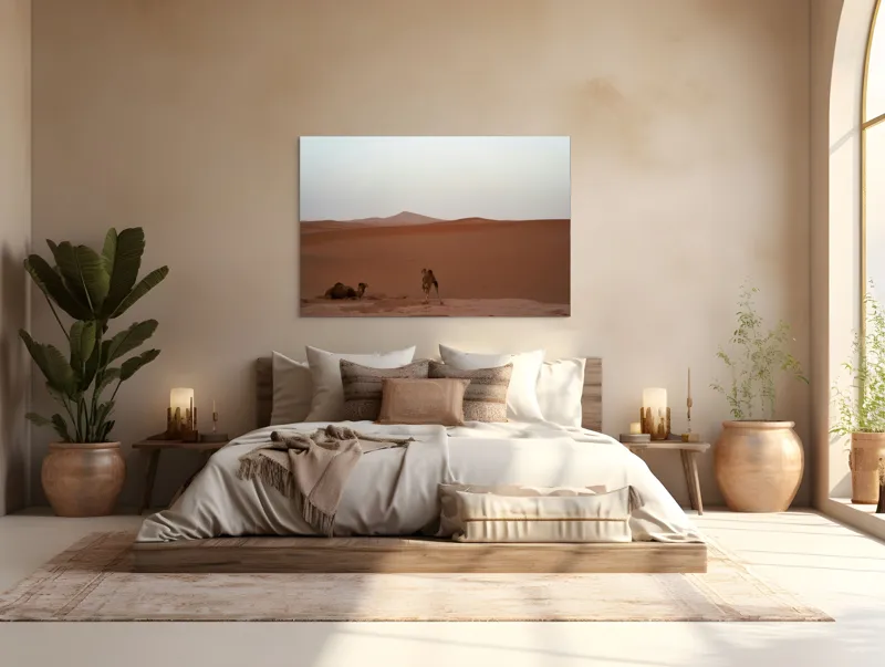 Tablou Canvas, "Cămile odihnindu-se în deșert", Deșert, Cămile, Nisip, Dune, Orizont, Singurătate, Calm, Ariditate, Liniște, Seară, 150 x 100 cm – poza 4