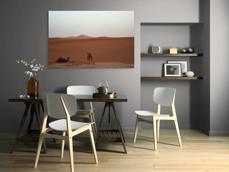 Tablou Canvas, "Cămile odihnindu-se în deșert", Deșert, Cămile, Nisip, Dune, Orizont, Singurătate, Calm, Ariditate, Liniște, Seară, 150 x 100 cm – poza 5