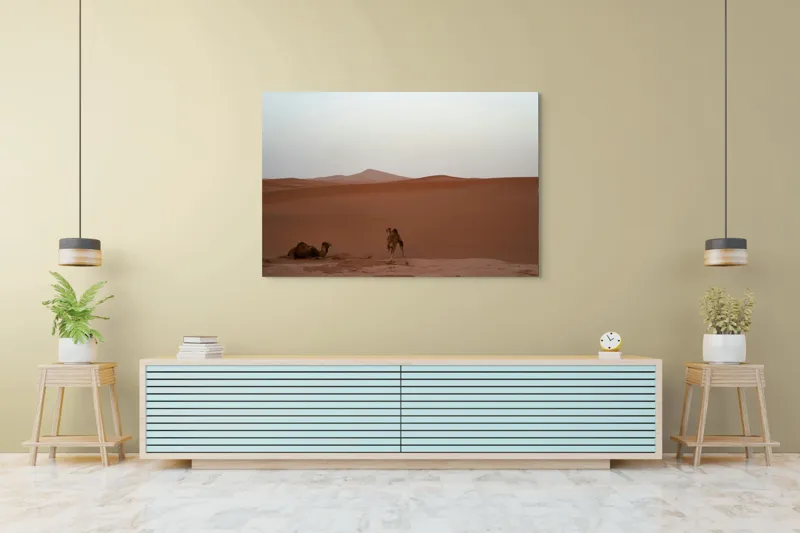 Tablou Canvas, "Cămile odihnindu-se în deșert", Deșert, Cămile, Nisip, Dune, Orizont, Singurătate, Calm, Ariditate, Liniște, Seară, 150 x 100 cm – poza 6