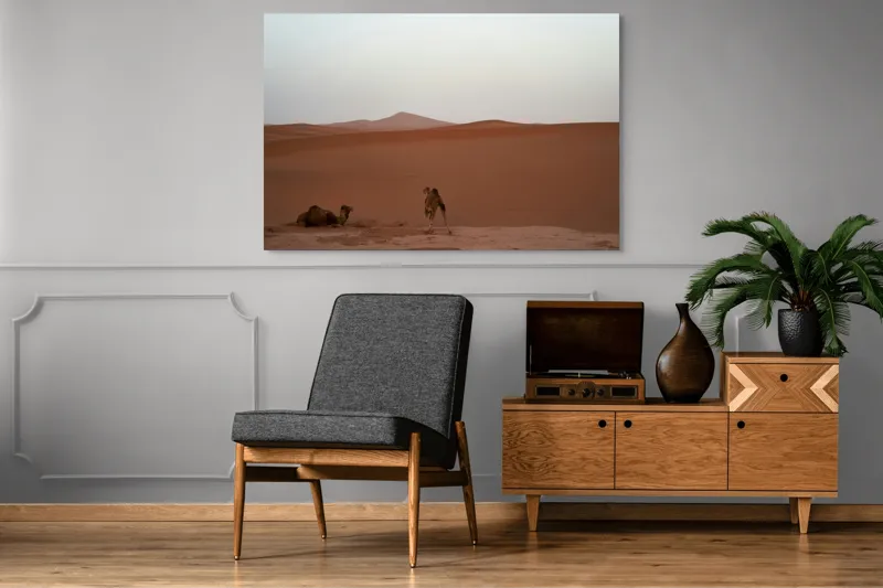 Tablou Canvas, "Cămile odihnindu-se în deșert", Deșert, Cămile, Nisip, Dune, Orizont, Singurătate, Calm, Ariditate, Liniște, Seară, 150 x 100 cm – poza 8