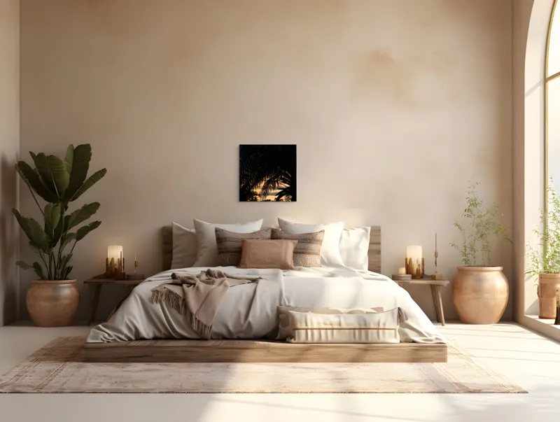 Tablou Canvas, "Apus exotic printre frunze de palmier", Palmier, Siluetă, Amurg, Cer, Apus, Frunziș, Umbre, Lumină, Contrast, Seară, 50 x 50 cm – poza 5