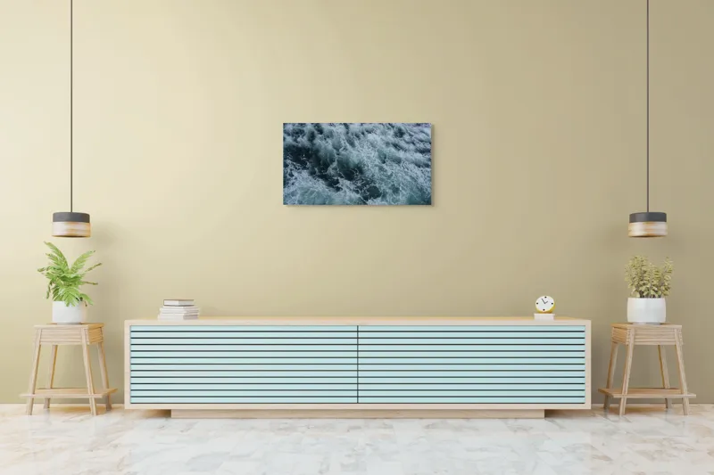 Tablou Canvas, "Valurile mării înspumate și tumultuoase", Valuri, Spumă, Agitație, Ocean, Albastrețe, Profunzime, Energie, Natură, 90 x 50 cm – poza 5