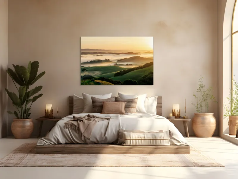 Tablou Canvas, "Dimineață de ceață peste dealuri verzi", Aurora, Câmpuri, Ceață, Dealuri, Lumină, Verdeață, Răsărit, Peisaj, Serenitate, Natură, 150 x 100 cm – poza 4