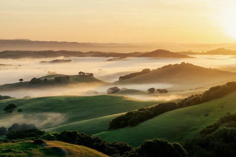 Tablou Canvas, "Dimineață de ceață peste dealuri verzi", Aurora, Câmpuri, Ceață, Dealuri, Lumină, Verdeață, Răsărit, Peisaj, Serenitate, Natură, 150 x 100 cm – poza 2