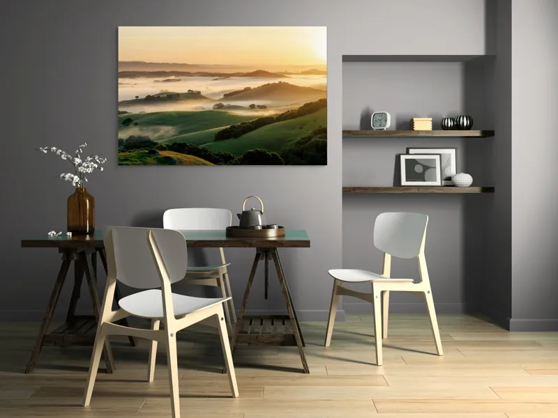 Tablou Canvas, "Dimineață de ceață peste dealuri verzi", Aurora, Câmpuri, Ceață, Dealuri, Lumină, Verdeață, Răsărit, Peisaj, Serenitate, Natură, 150 x 100 cm – poza 5