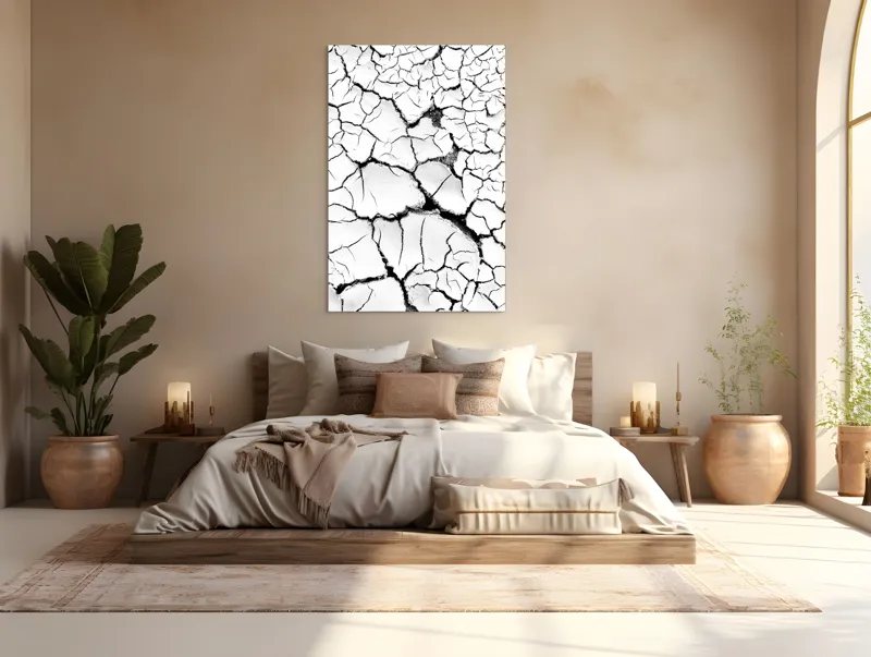 Tablou Canvas, "Tărâm de pământ crăpat alb", Crăpături, Uscăciune, Deshidratare, Pământ, Contrast, Textură, Natură, Șocant, Alb-Negru, Linii, Fracturi, Pământ, Impactant, Ariditate, Suprafețe, 100 x 150 cm – poza 3