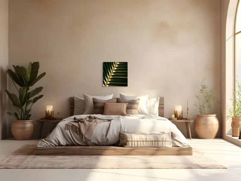 Tablou Canvas, "Geometria frunzelor de palmier", Frunze, Verde, Natură, Textură, Lumină, Umbră, Armonie, Simetrie, 50 x 50 cm – poza 5