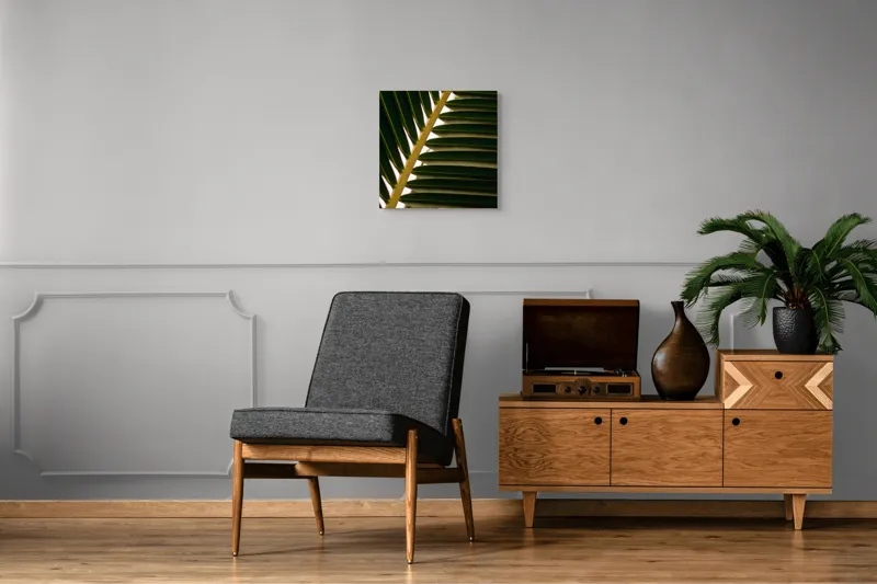 Tablou Canvas, "Geometria frunzelor de palmier", Frunze, Verde, Natură, Textură, Lumină, Umbră, Armonie, Simetrie, 50 x 50 cm – poza 6