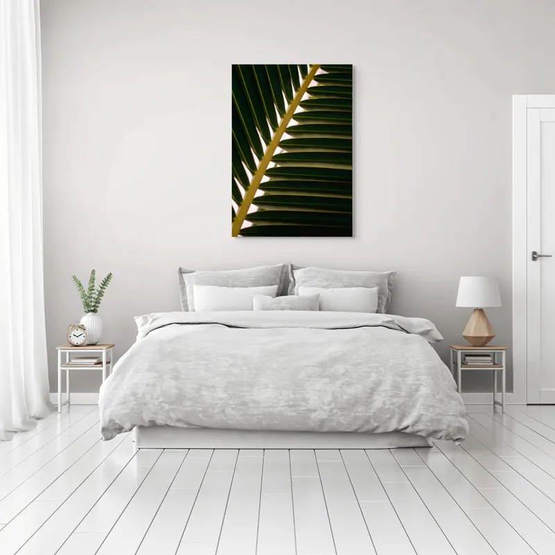 Tablou Canvas, "Geometria frunzelor de palmier", Frunze, Verde, Natură, Textură, Lumină, Umbră, Armonie, Simetrie, 70 x 100 cm – poza 3