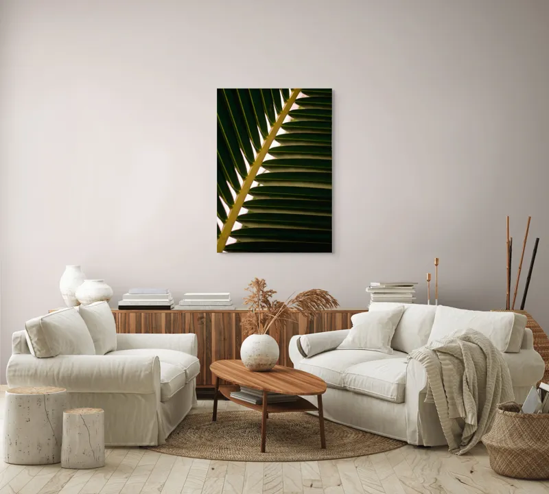 Tablou Canvas, "Geometria frunzelor de palmier", Frunze, Verde, Natură, Textură, Lumină, Umbră, Armonie, Simetrie, 70 x 100 cm – poza 4
