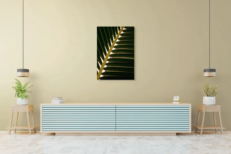 Tablou Canvas, "Geometria frunzelor de palmier", Frunze, Verde, Natură, Textură, Lumină, Umbră, Armonie, Simetrie, 70 x 100 cm – poza 5